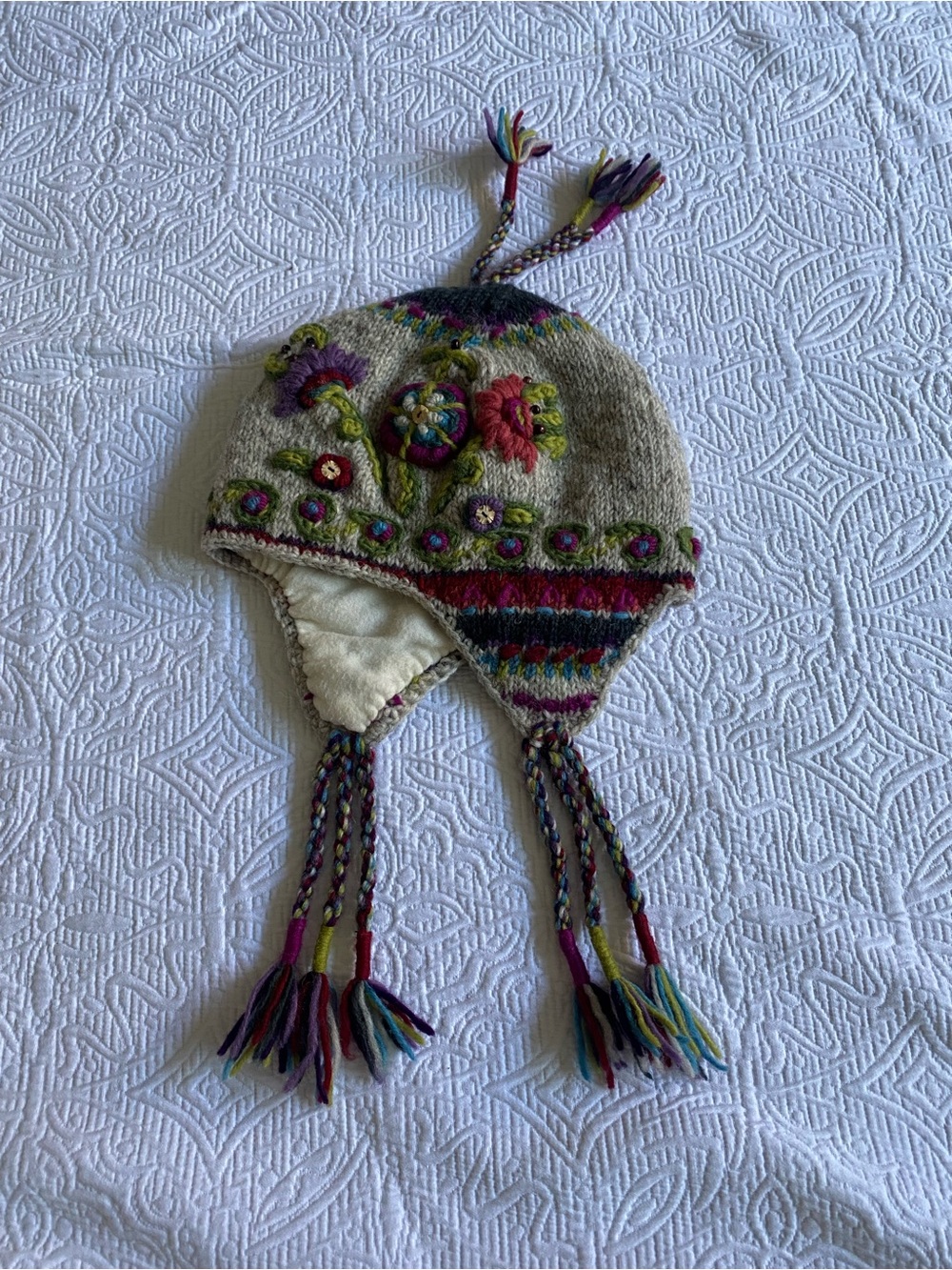 Cream Multicolor Floral Knit Earflap Hat with Tassels